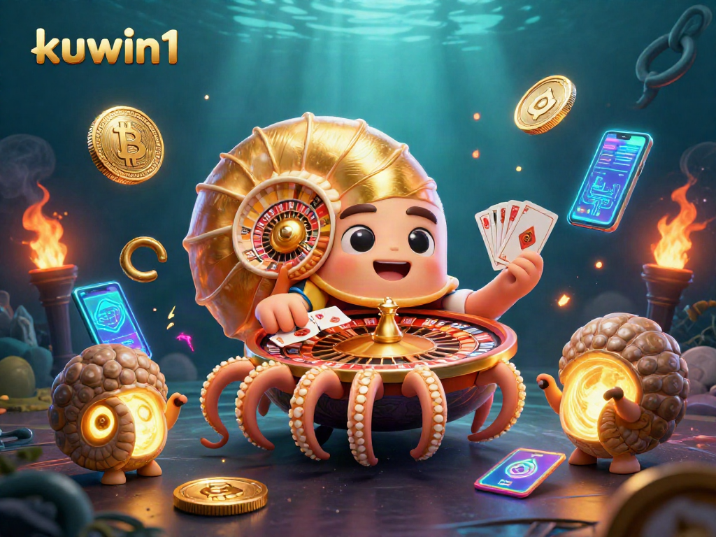 Kuwin1 showcases an ancient nautilus roulette wheel amidst vibrant casino elements for thrilling gaming experiences.