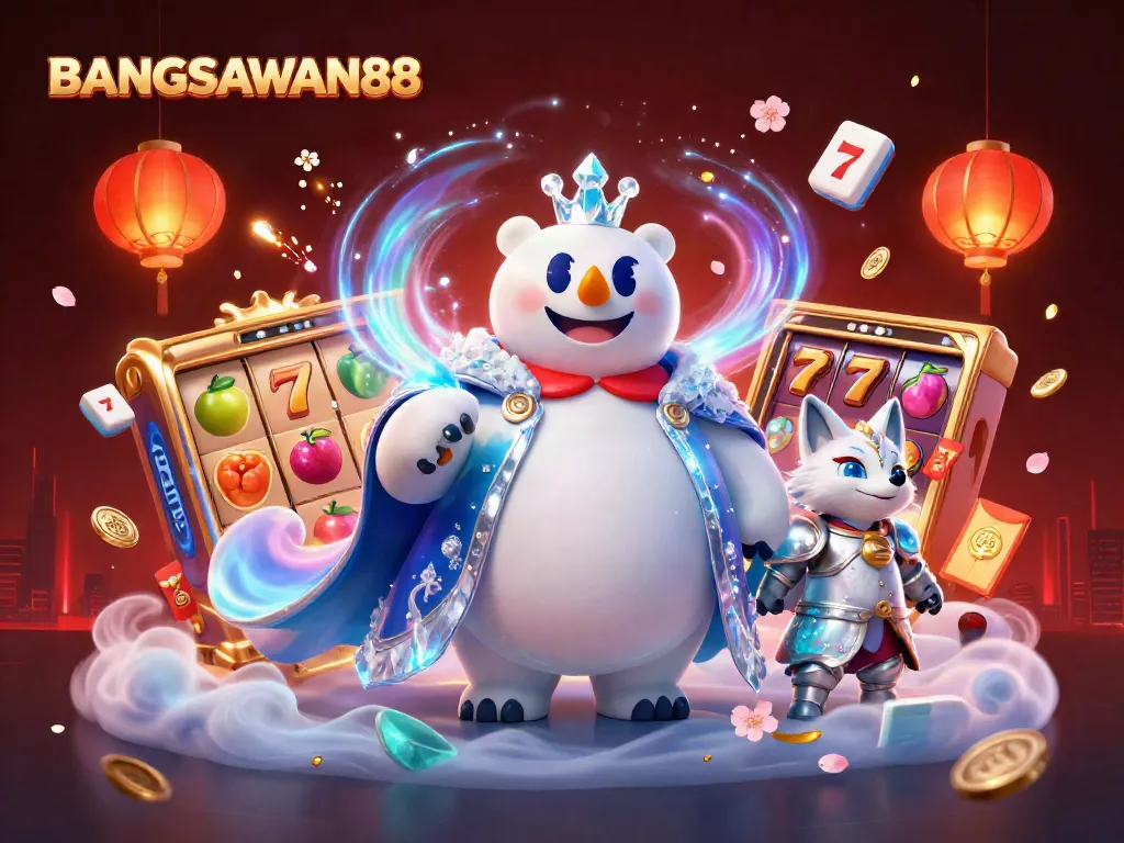 BANGSAWAN88 supports thrilling slots with vibrant characters in an energetic casino scene, showcasing dynamic gameplay.
