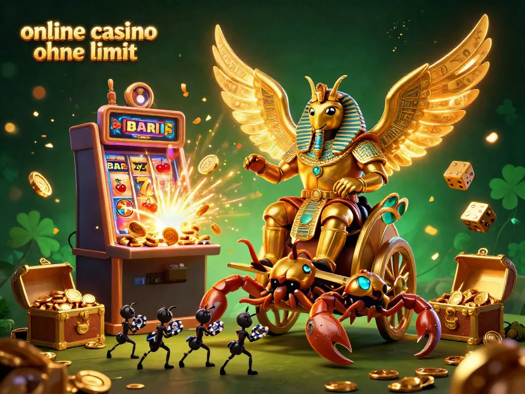 Engage with the excitement of online casino ohne limit featuring a vivid scene of mythical characters alongside slot machines and chips.