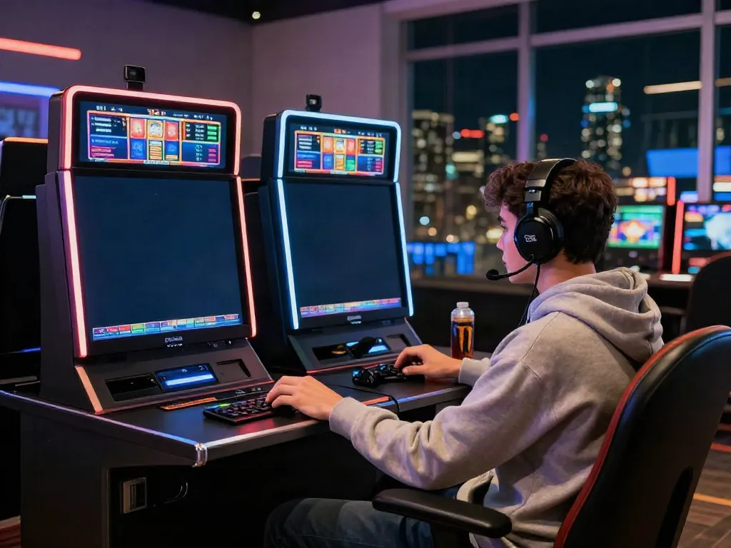 Player engaging with akunjp's virtual slot machine in a cozy gaming setup.