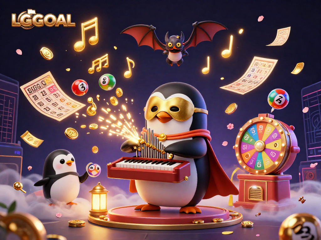Experience LGOGOAL through an exciting scene with a penguin and lottery elements illustrating vibrant gaming activity.