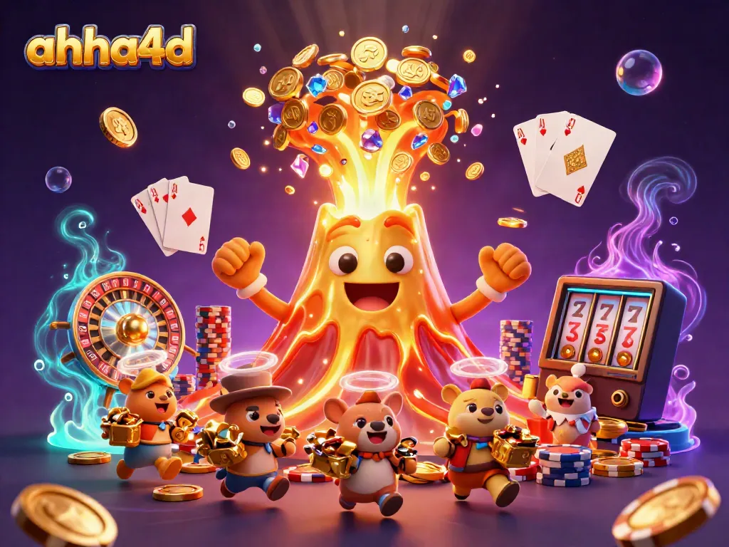 Engage with ahha4d's thrilling casino experience featuring a golden volcano erupting treasures.