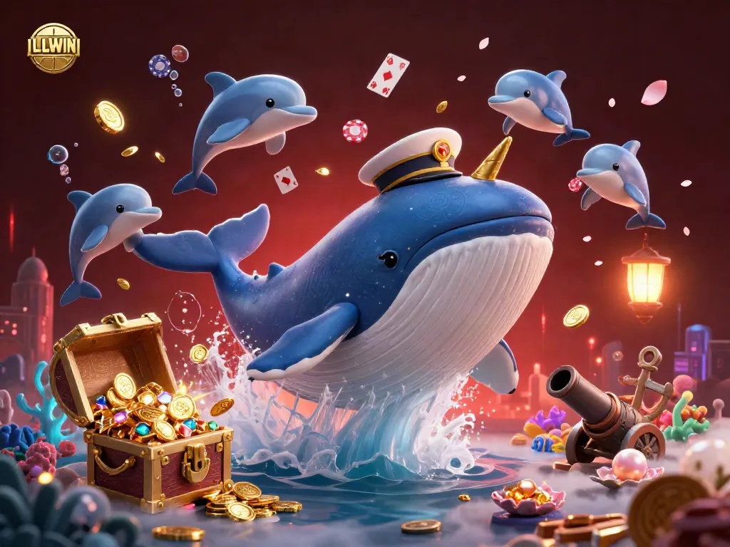 LLWIN showcases a playful 3D whale, narwhal, and dolphins gambling with poker chips in an underwater scene filled with treasure and vibrant colors.