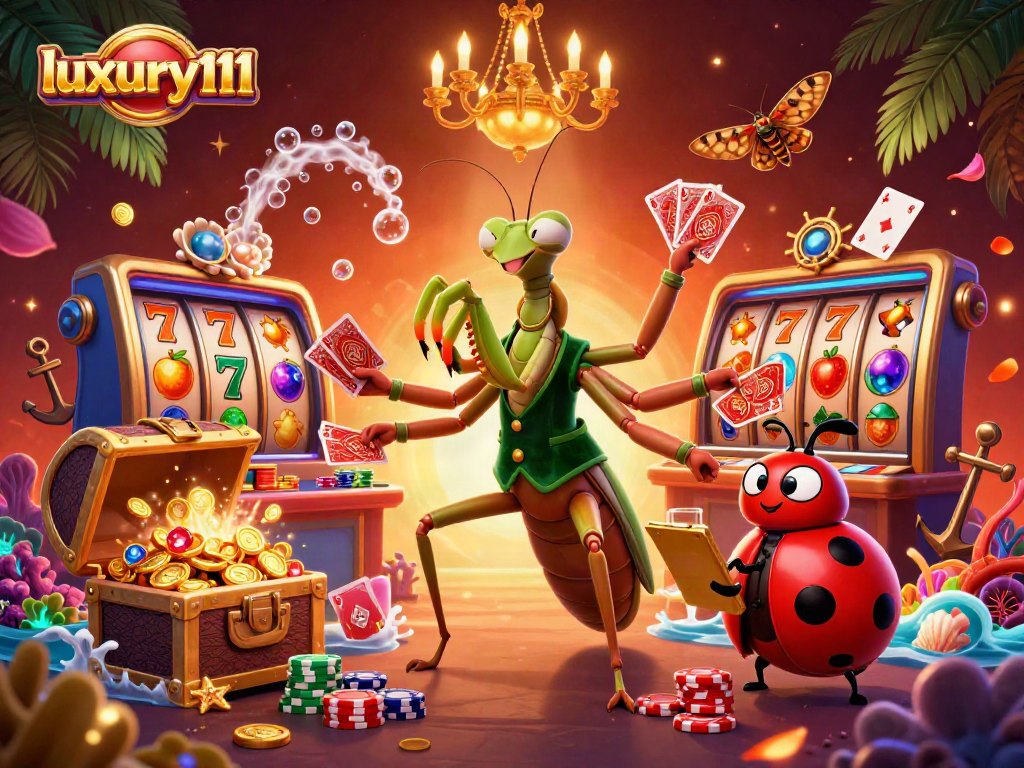 Experience luxury111 gaming with a giant praying mantis dealing cards and golden treasures!