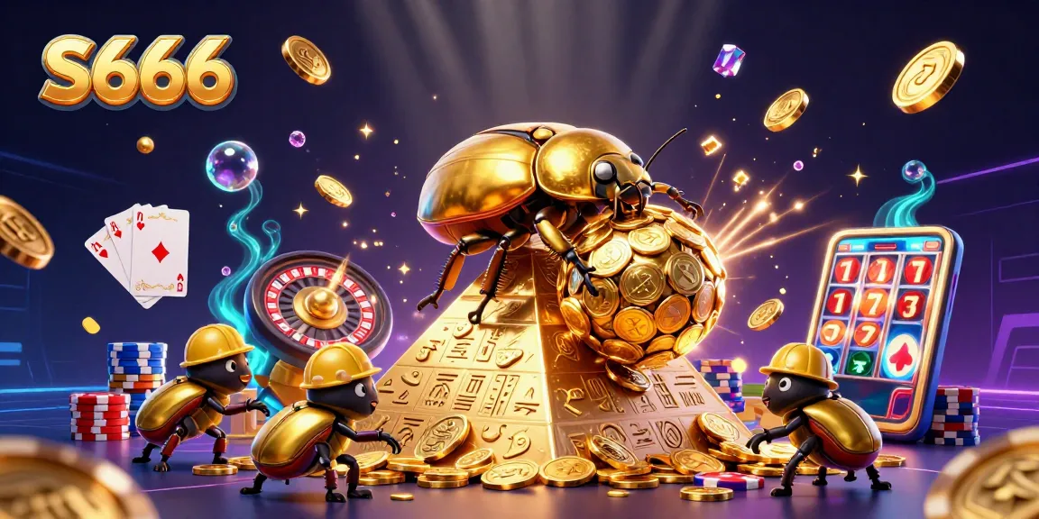 S666 players enjoy a vibrant casino scene filled with golden coins, roulette wheels, and dynamic gaming elements.