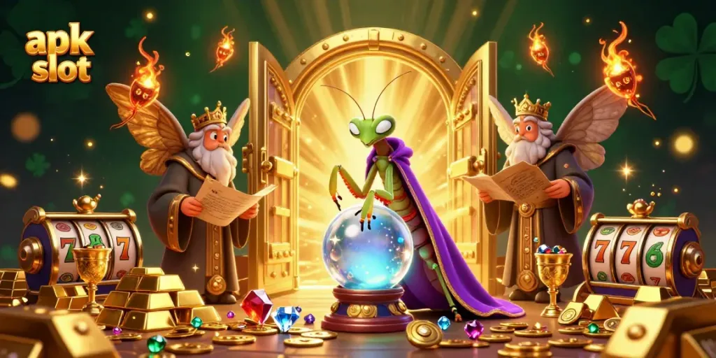 Experience apk slot excitement with a mystical fortune teller, librarian, and winnings galore.