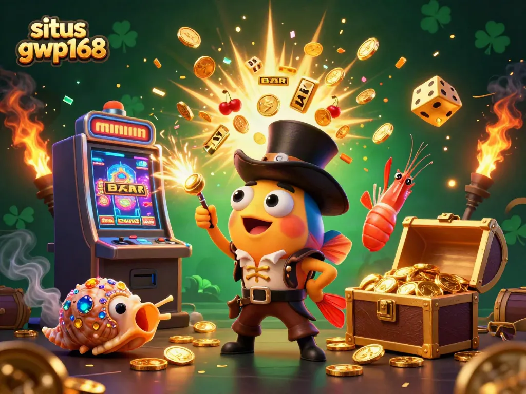 Permainan menarik situs gwp168, dengan karakter unik dan mesin slot raksasa yang penuh koin.