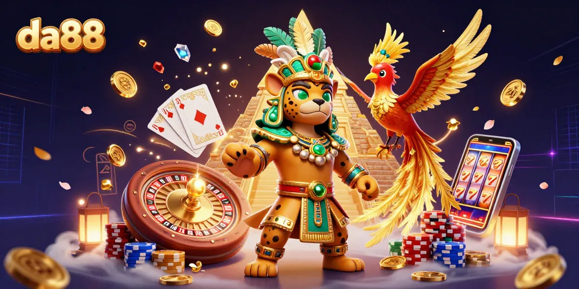 da88 players enjoying a vibrant casino scene with dazzling coins, cards, and vibrant game elements