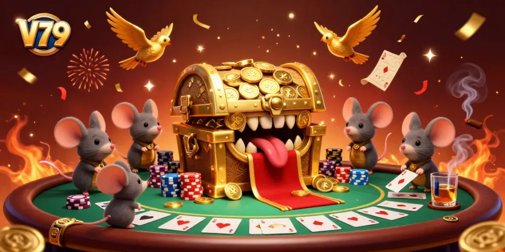 Play and win in V79's exciting casino world with treasure chests, poker elements, and vibrant effects.