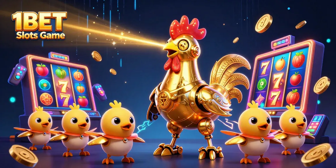 Engage with colorful 1BET Slots Game featuring a golden rooster robot with baby chick drones, dynamic gaming elements around