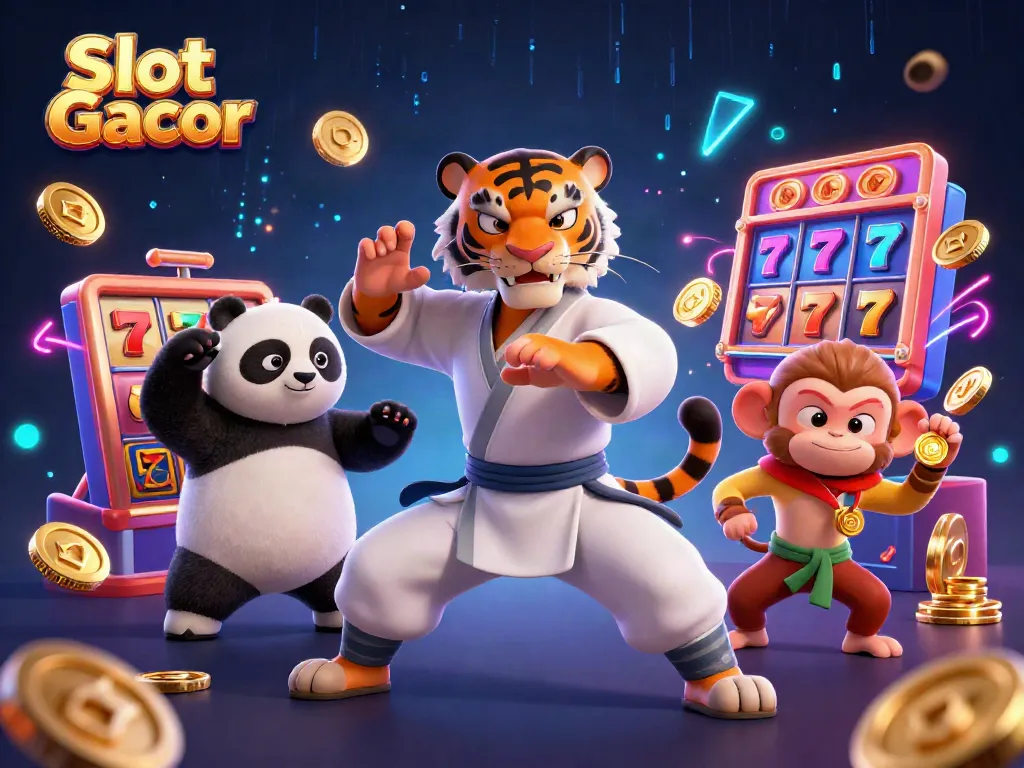 Engage with the vibrant Slot Gacor scene featuring kung fu characters amidst glowing game elements.