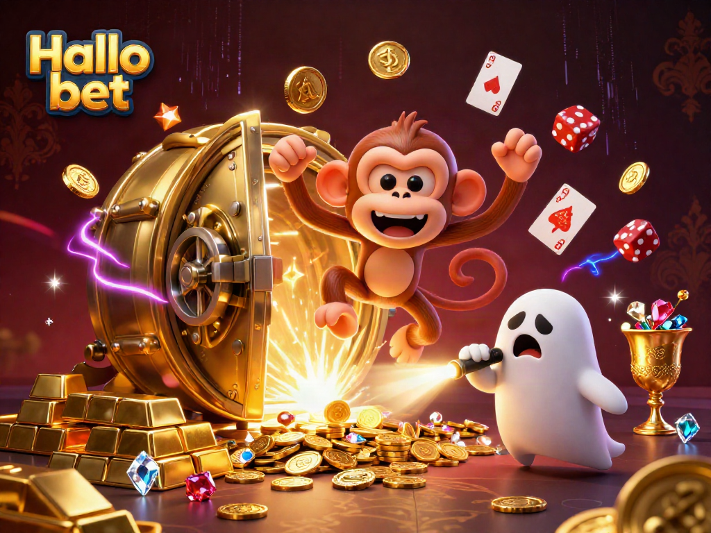 Engaging scene of Halo bet showcasing a mischievous monkey juggling gold coins in a vibrant casino.