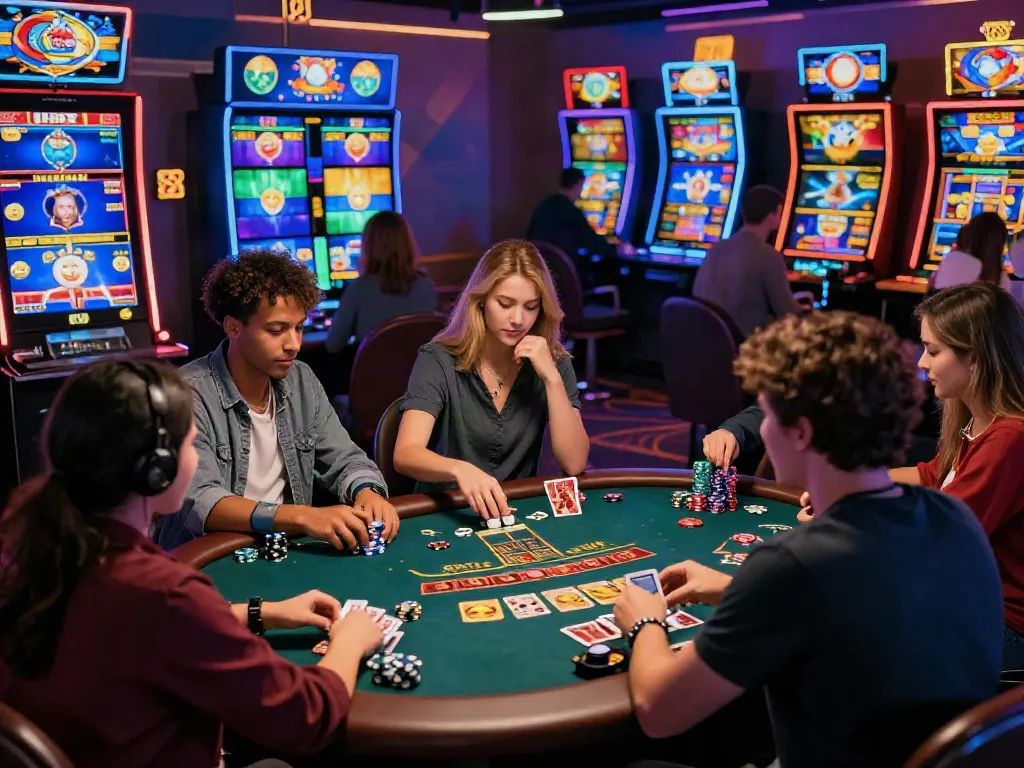 Exciting usa casinos for uk players scene with diverse players enjoying online gaming at virtual tables filled with vibrant graphics.