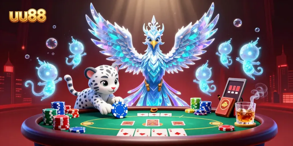 Engage with the captivating uu88 gambling scene featuring a unique ice phoenix and poker action.