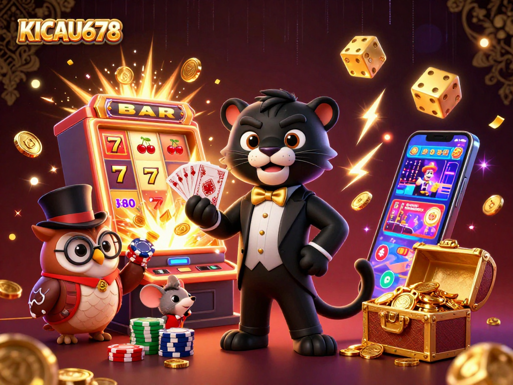 KICAU678 showcases a vibrant 3D casino illustration with a stylish panther and an eager owl amidst a jackpot explosion.