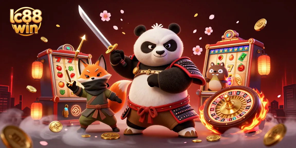 lc88 win showcases a vibrant 3D scene of a samurai panda and companions amidst dynamic casino elements.