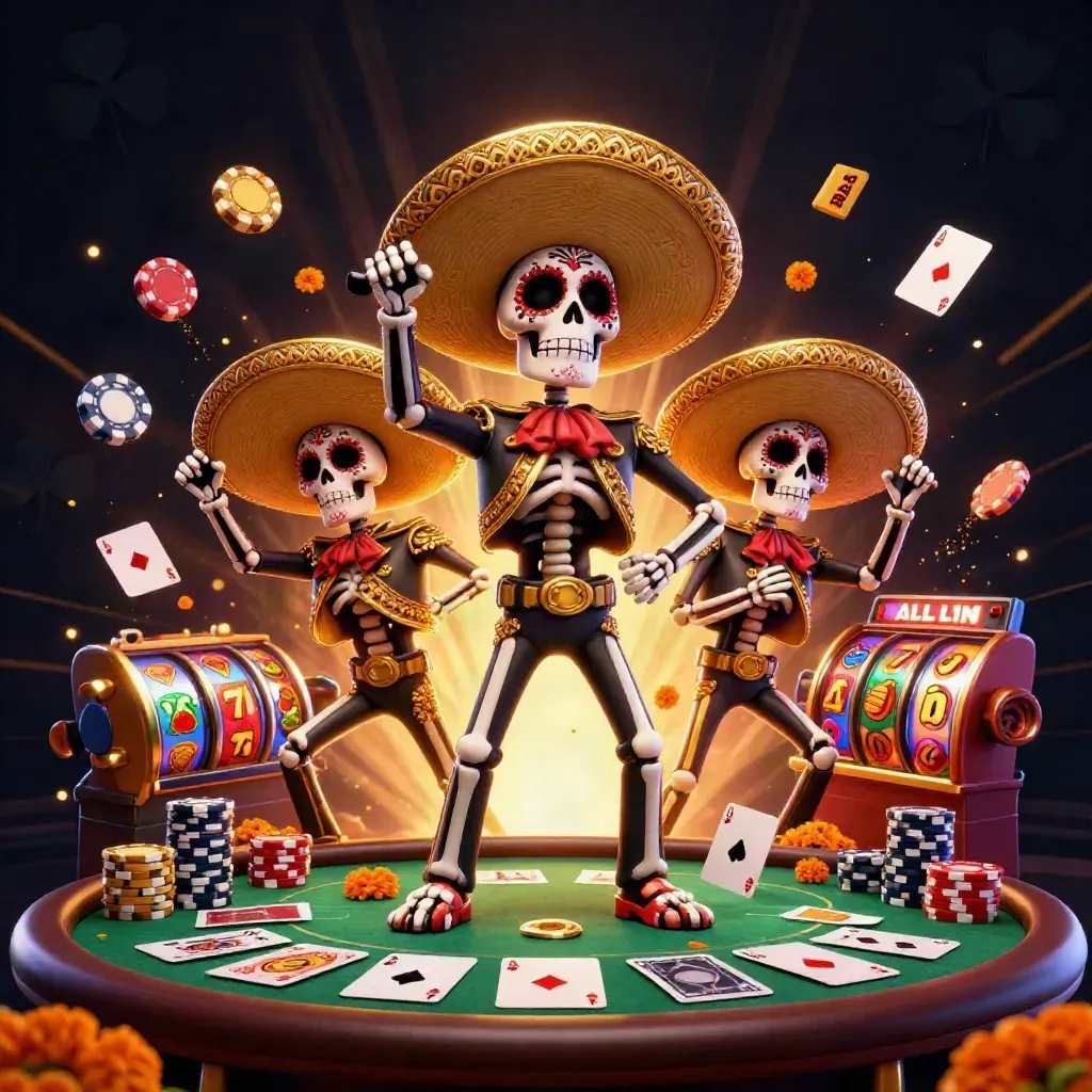 Day-of-the-Dead mariachi skeletons amid casino chips, reels, gold, and god-rays