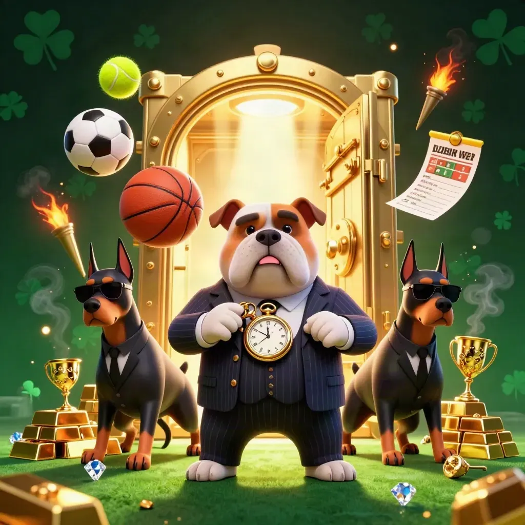 Gangster bulldog and two Dobermans amid gold vault blasts, sports balls, and casino lights