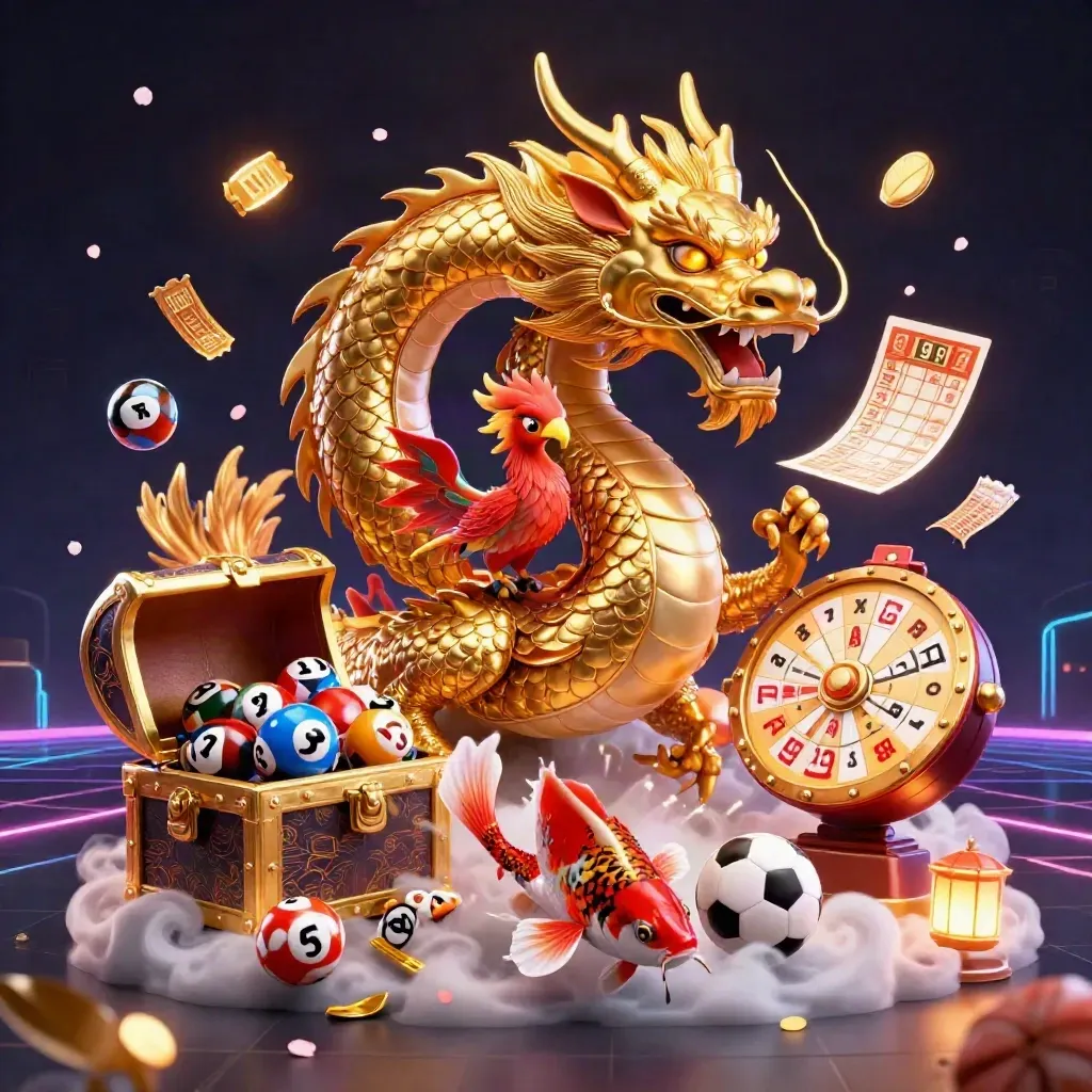 Golden dragon, phoenix, koi and casino props on a neon indigo horizon.