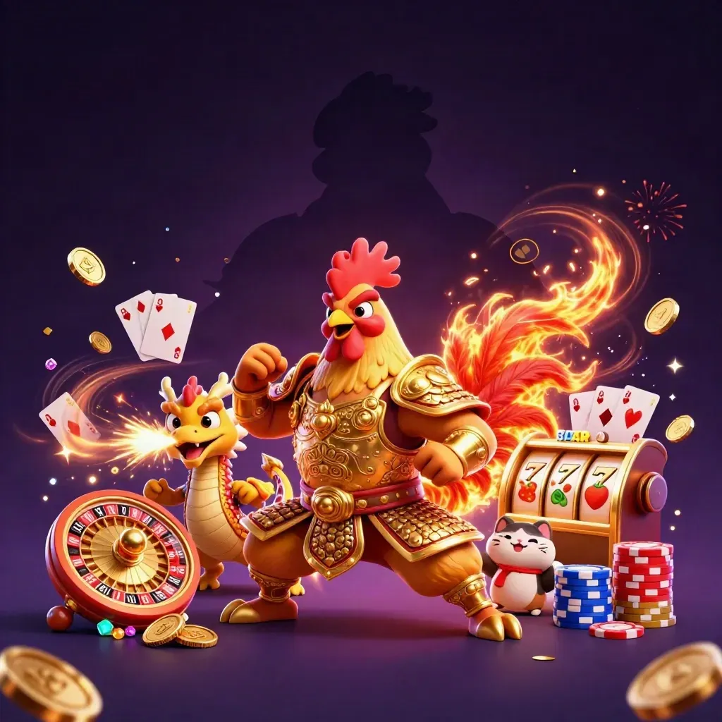 Rooster warrior, dragon hatchling, and fortune cat amid casino treasures in neon gold