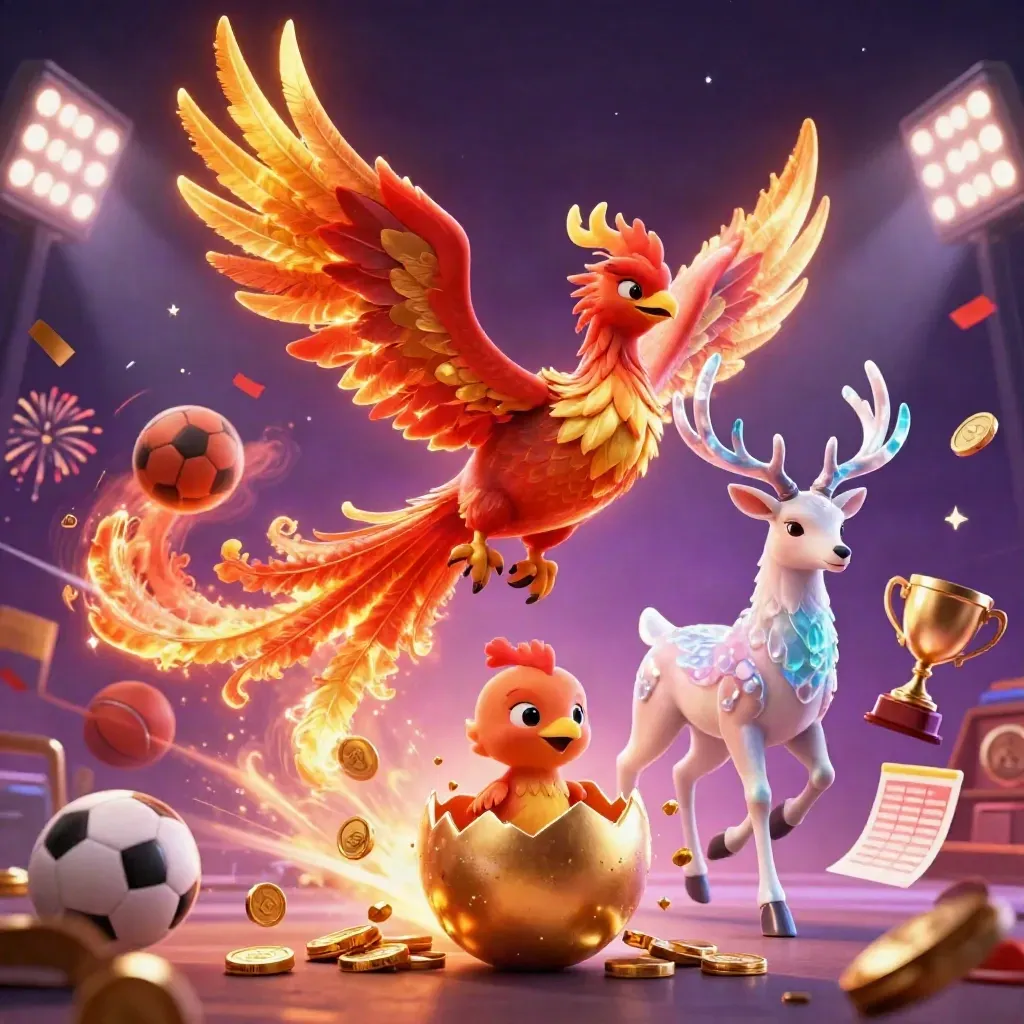 Phoenix, baby phoenix, and crystal stag amid flying sports balls, coins, trophies, and neon magic.