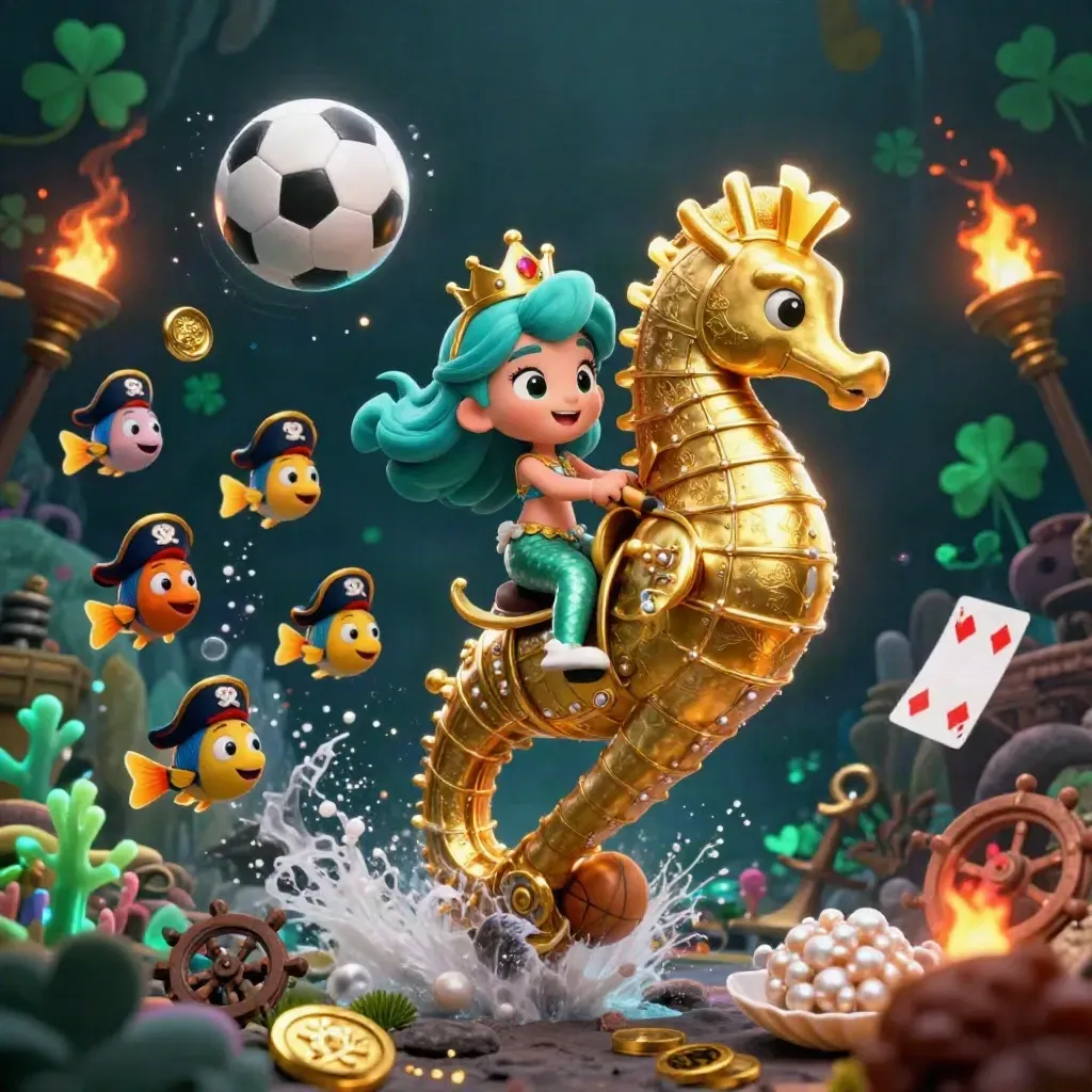 Mermaid princess on armored seahorse amid coins, cards, coral, and pirate fish in a neon treasure cove.
