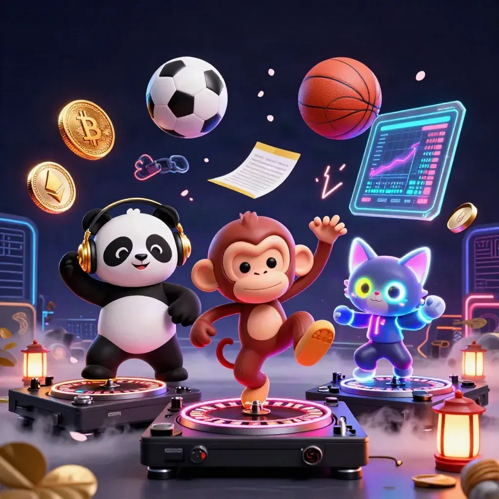 Neon casino animals blast sports balls and crypto effects in a futuristic jackpot scene.