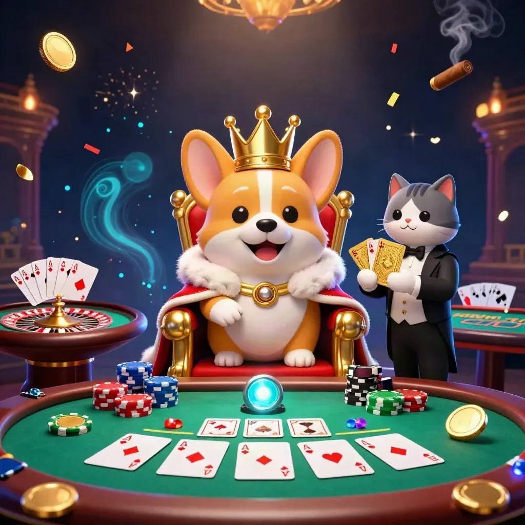 Royal corgi and cat butler amid casino glamour, chips, cards, coins, smoke, and neon light.