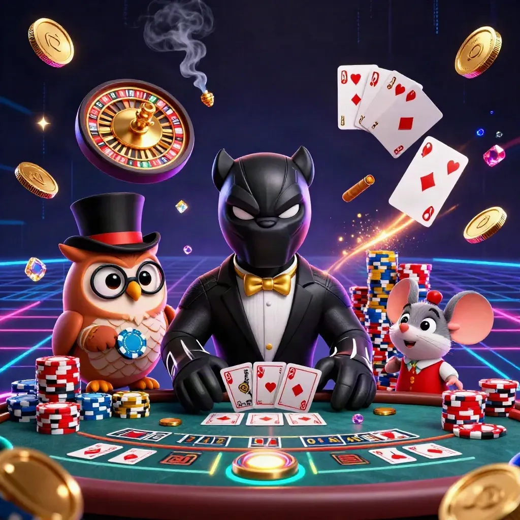 Panther, owl, and mouse in a luxe neon casino with coins, cards, and a spinning roulette wheel.
