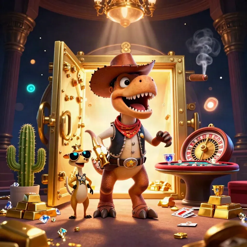 Cowboy T-Rex, cactus sidekick, and roadrunner amid casino gold, vault light, and neon smoke