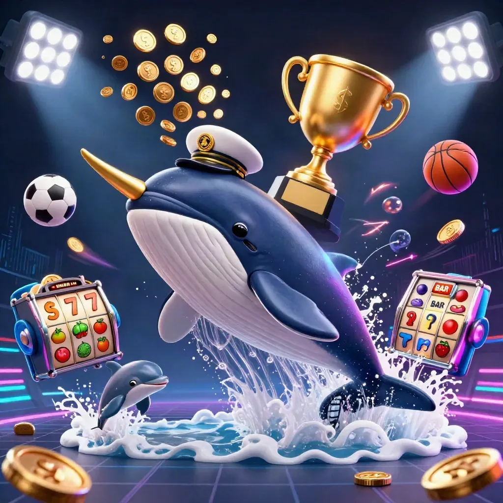 Whale captain, narwhal, and dolphins burst through coins with neon casino energy