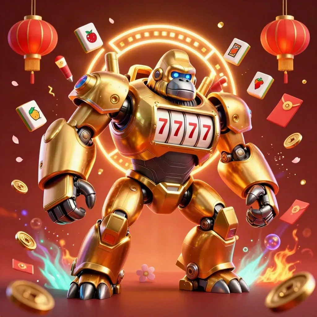 Golden gorilla slot mech with monkey pilot amid lanterns, jade coins, fireworks and neon casino glow.
