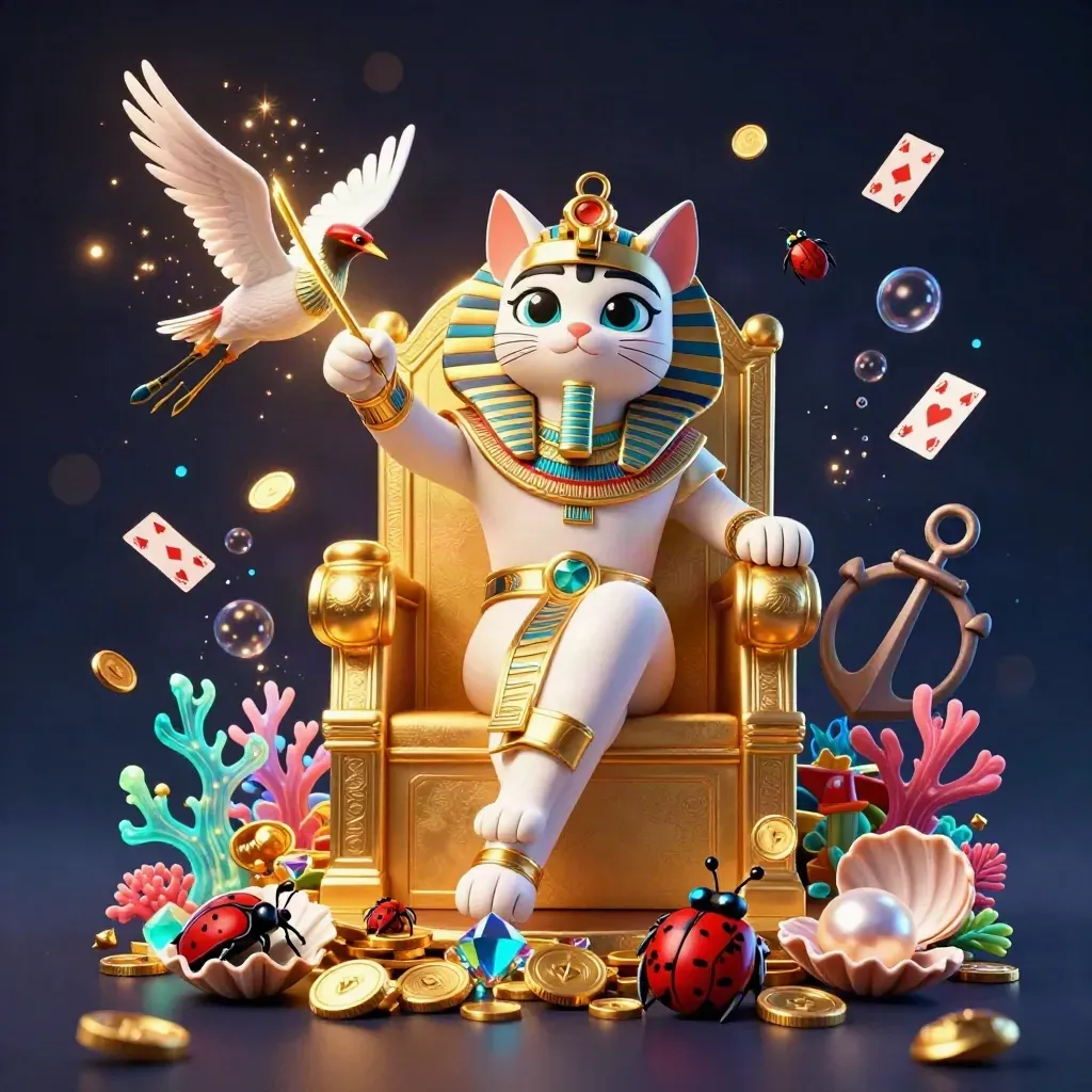 Pharaoh cat, ibis scribe, and gem-winged scarabs amid coins, coral, and treasure in a navy-gold glow.