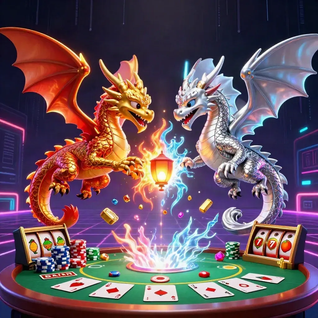 Twin gold and silver dragons spiral over casino treasures in neon nautical style.