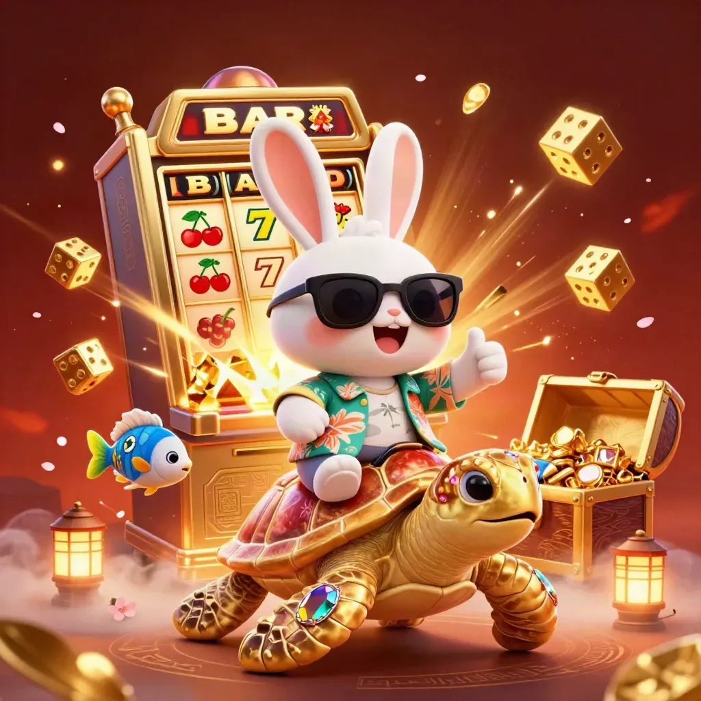Lucky rabbit on a golden sea turtle amid jackpot bursts, gold coins, and glowing runes.