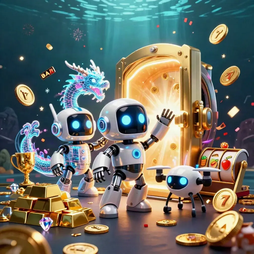 Robot, hologram dragon, and coin drone burst from a vault with coins, gems, reels, and fireworks.