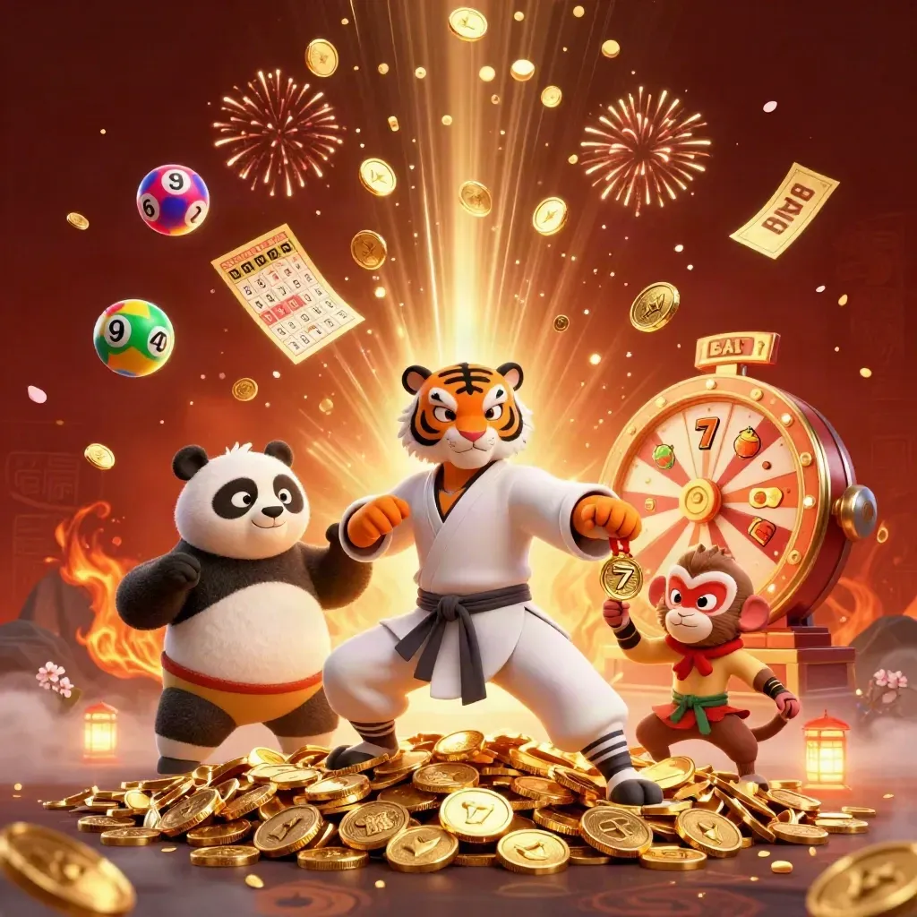 Tiger, panda, and monkey amid coins, fireworks, reels, and a treasure burst in a casino splash scene.