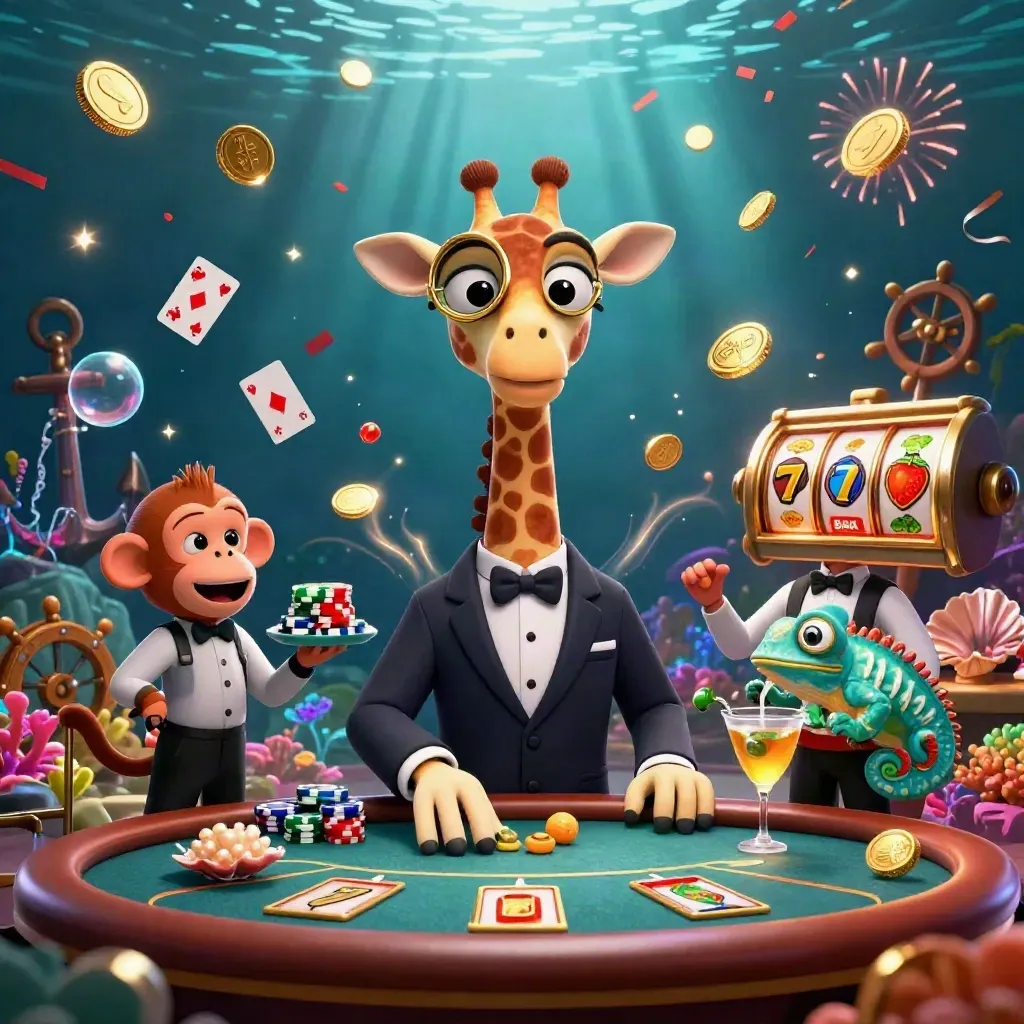 Giraffe, monkey, and chameleon in an underwater treasure casino burst with coins and fireworks.