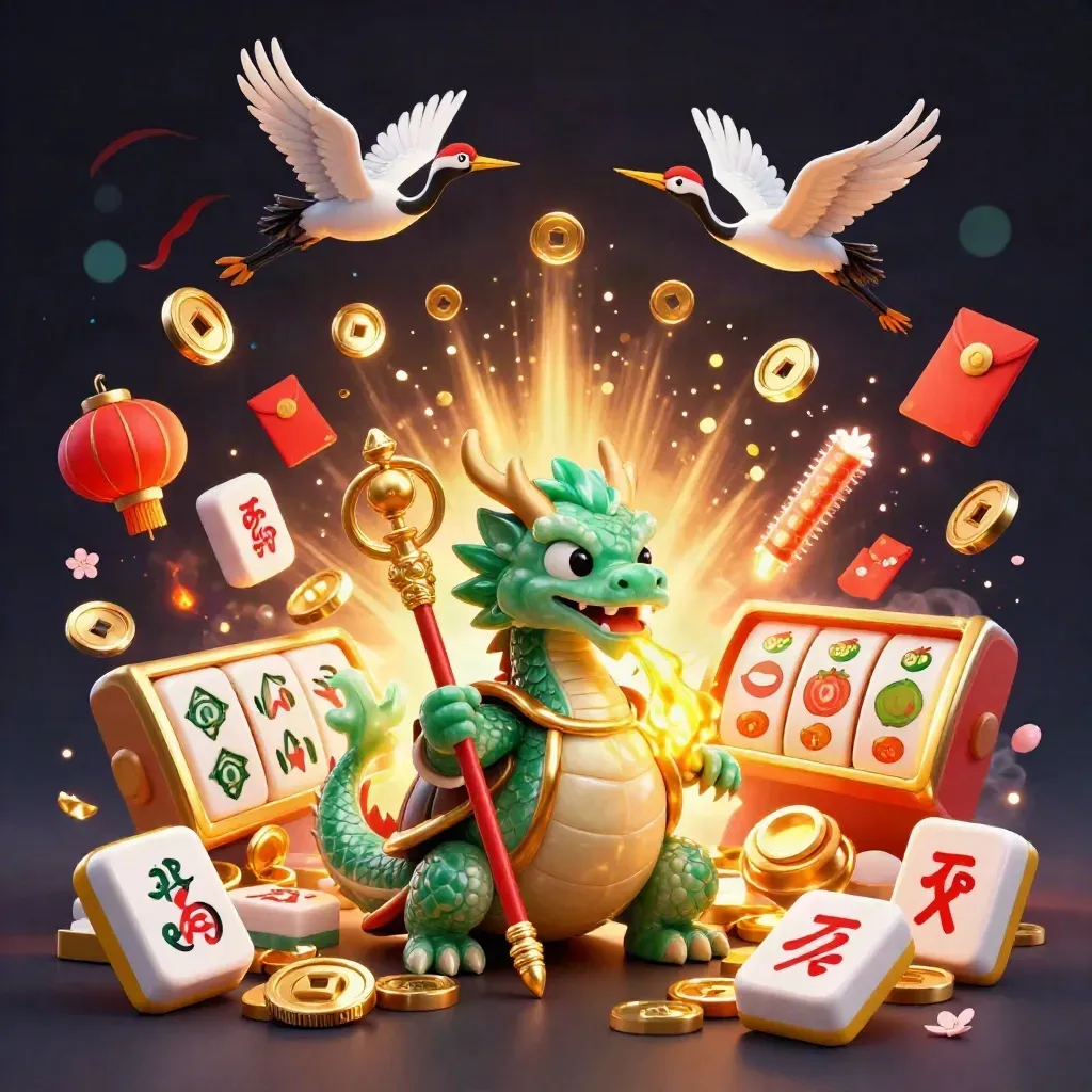 Emerald dragon, turtle sage, and cranes amid coins, lanterns, fireworks, and casino symbols