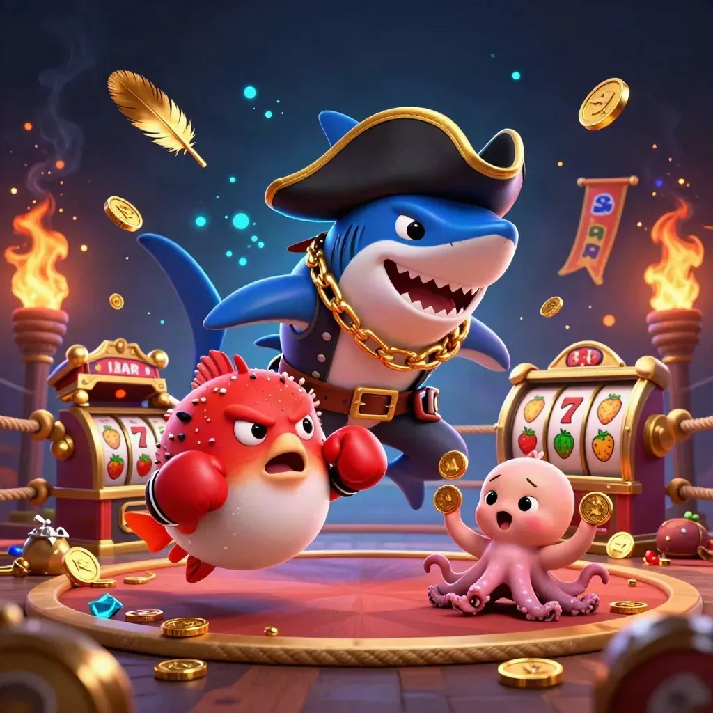 Neon shark pirate, boxing pufferfish, and coin-juggling octopus in a casino temple rush.