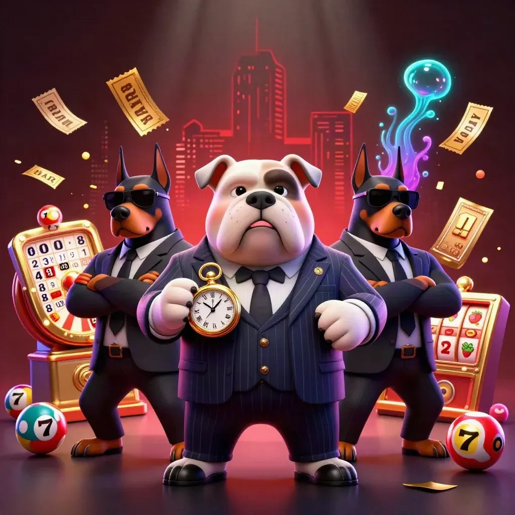 Bulldog boss and two Dobermans amid casino bursts, neon glow, and jackpot effects