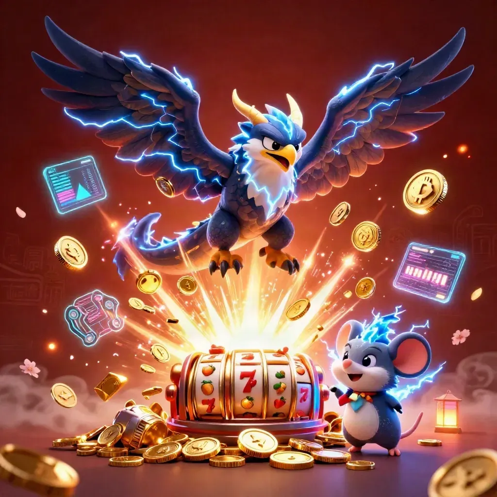 Thunder dragon, hawk, and mouse amid coins, reels, fireworks, and glowing casino effects