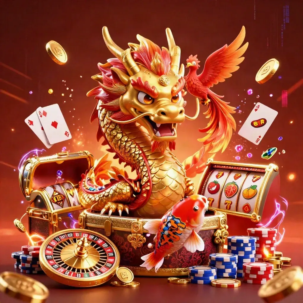 Golden dragon with phoenix, koi, coins, chips, roulette wheel, and casino effects on a fiery dark background.