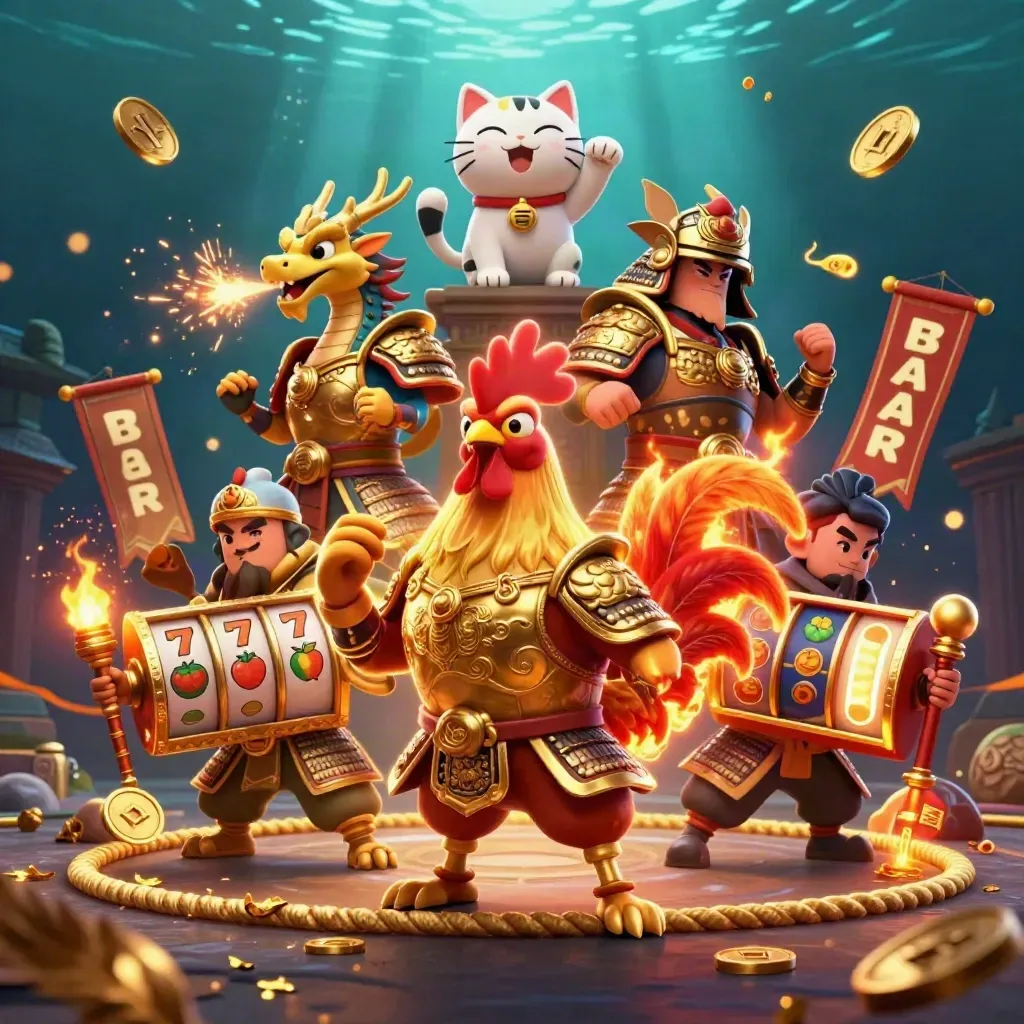 Rooster warrior, dragon hatchling, and fortune-cat in a gold casino battle splash art.