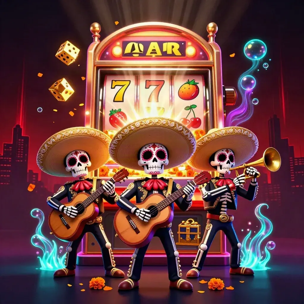 Day-of-the-Dead mariachi skeleton trio amid exploding slots, gold, and neon casino light