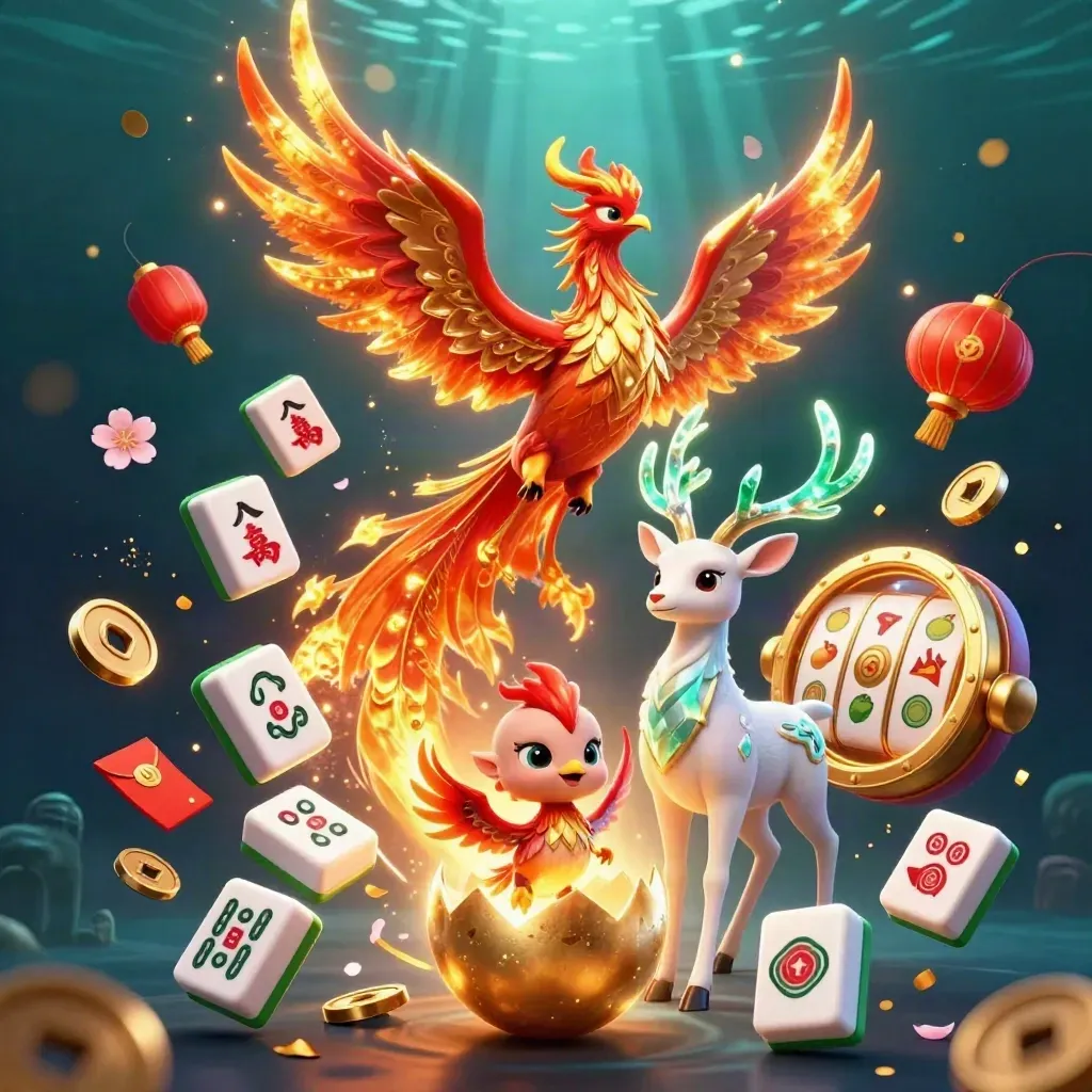 Phoenix, hatchling, and crystal-antler stag amid casino coins and lanterns