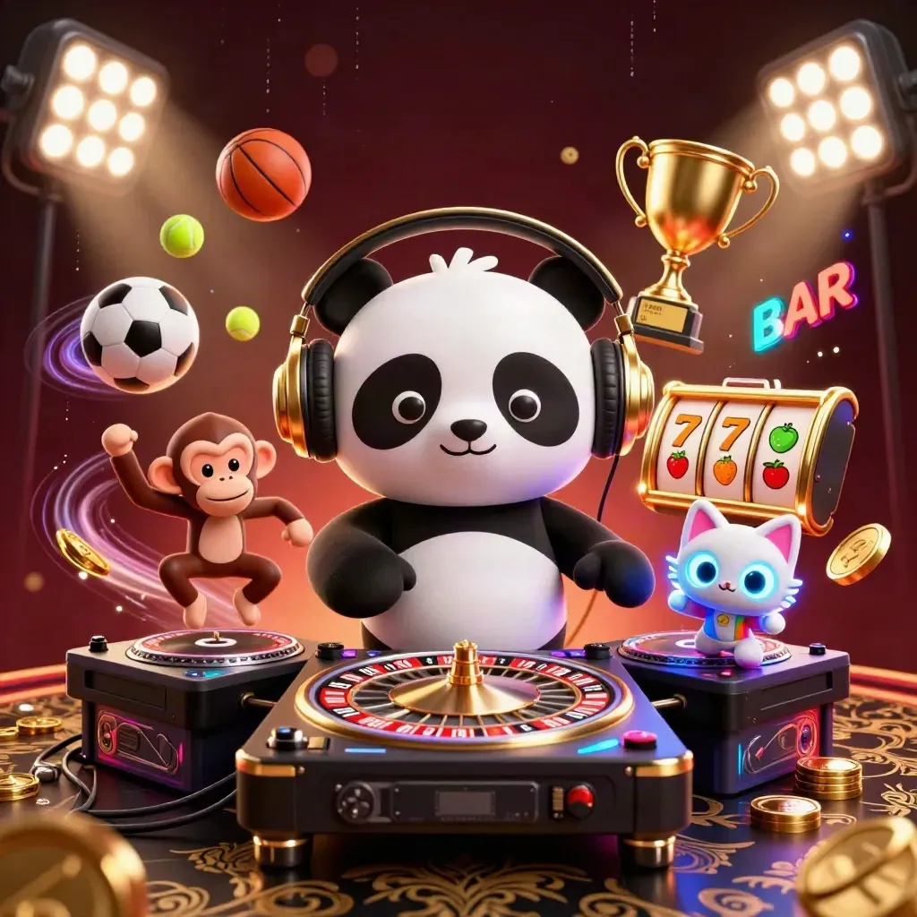 DJ panda, breakdancing monkey, and rave kitten amid roulette wheels, coins, and neon casino effects.