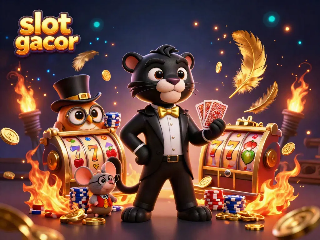 Experience thrilling gameplay with slot gacor as a stylish panther deals cards amid vibrant casino elements.