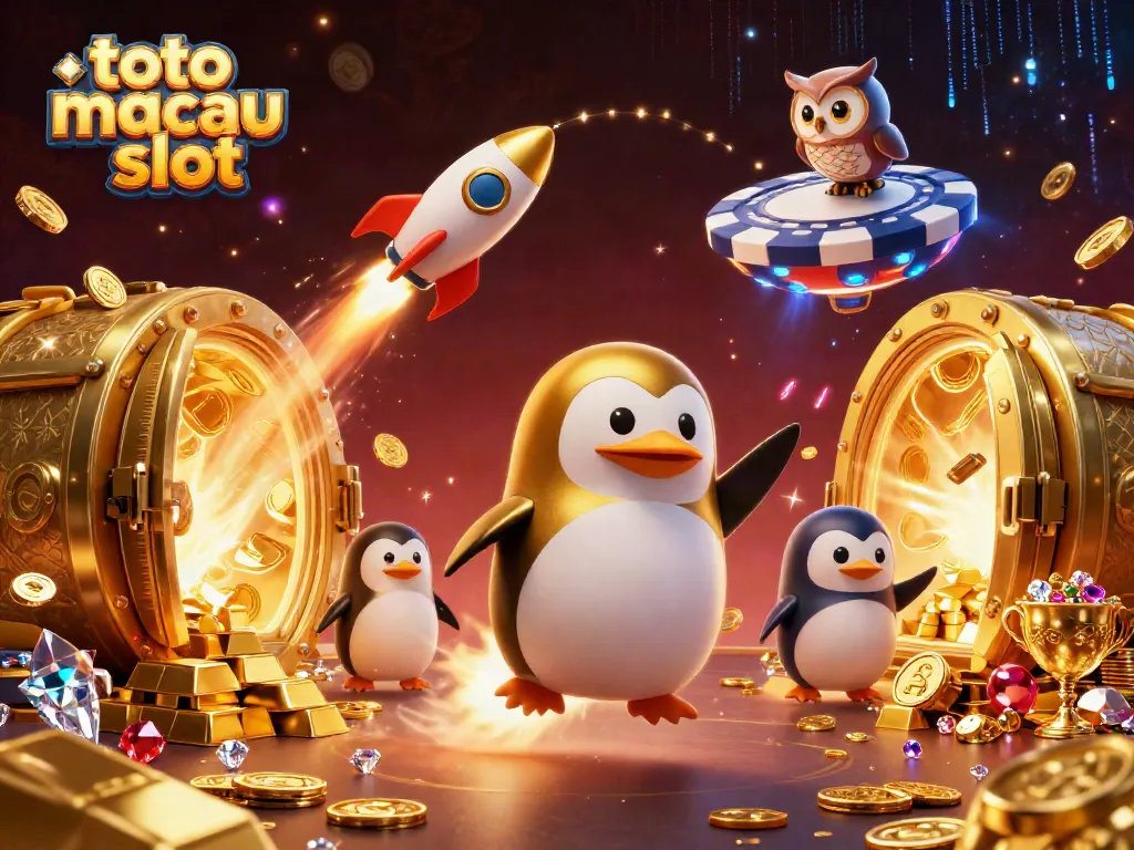 Melihat raket emas terbang tinggi di luar angkasa menuju kasino dengan cuplikan harta karun, ikon permainan dan efek visual berkilauan, toto macau slot.