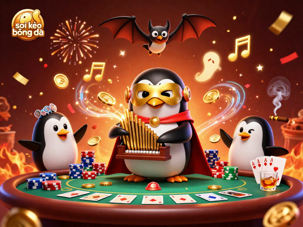 Engage in soi kèo bóng đá with an action-packed casino illustration featuring a penguin playing the organ.
